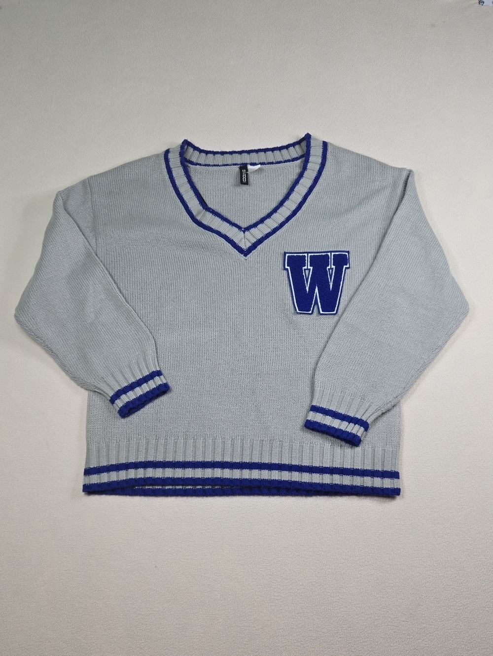 H&M Light Gray V-Neck Sweater with Blue Trim and 'W' Letterman Patch